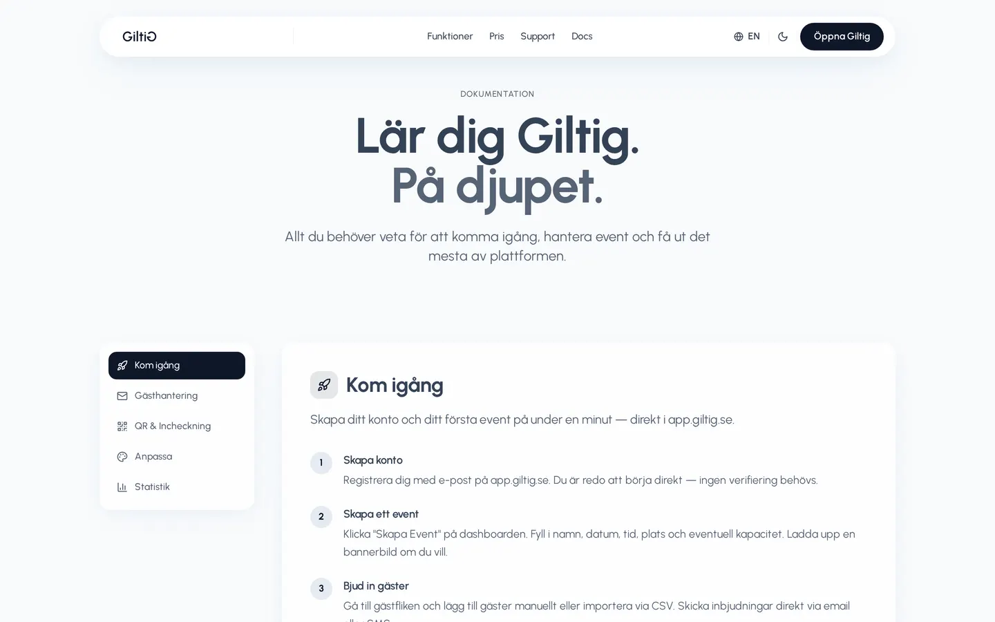 Giltigs dokumentationsvy på desktop