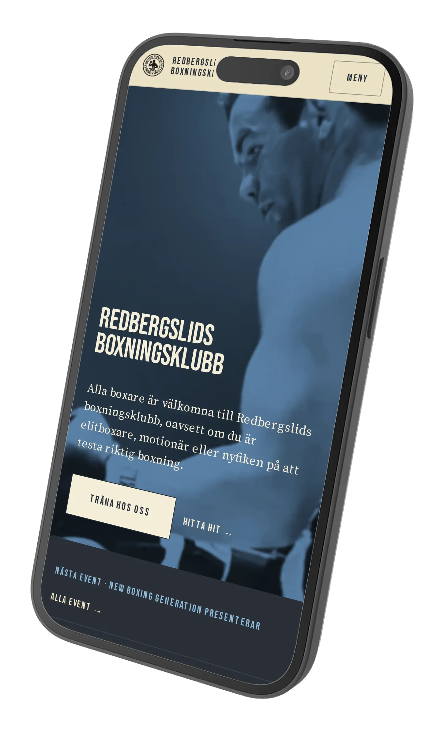 Redbergslids BK:s startsida i en mobil